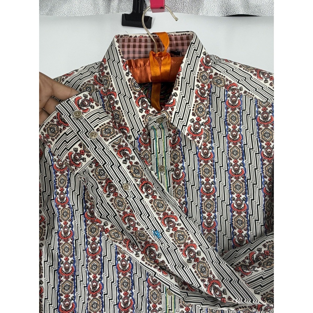 Robert Graham Mens M Multicolor Geometric Stripe Button Up Shirt Cotton Art Wear